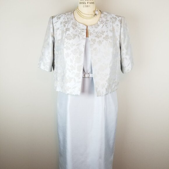 Beautiful Powder Blue Sheath Dress & Floral Jacket & Rhinestone Belt * Size 16 - Picture 1 of 12